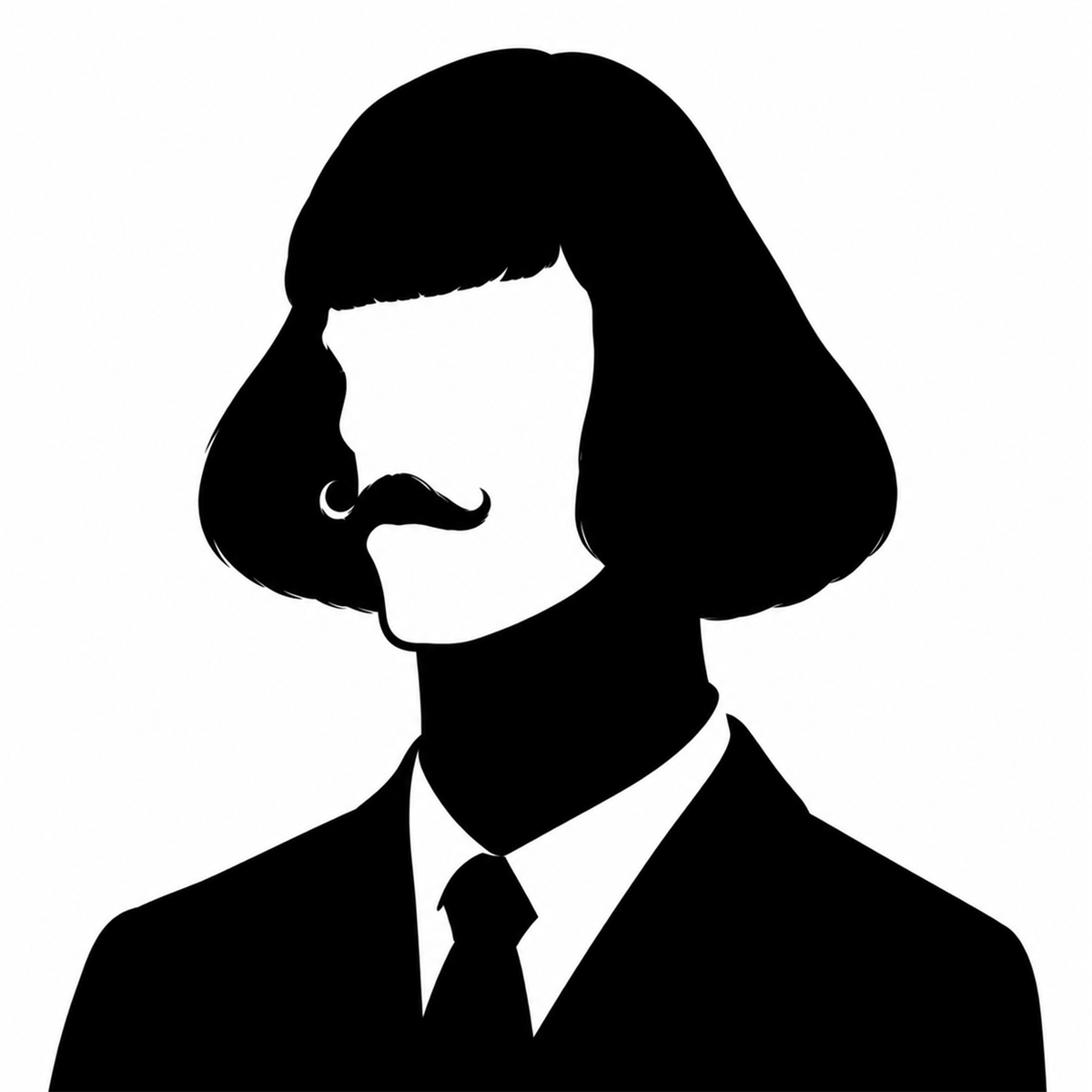 Faceless character with a black bob haircut, curled moustache and suit